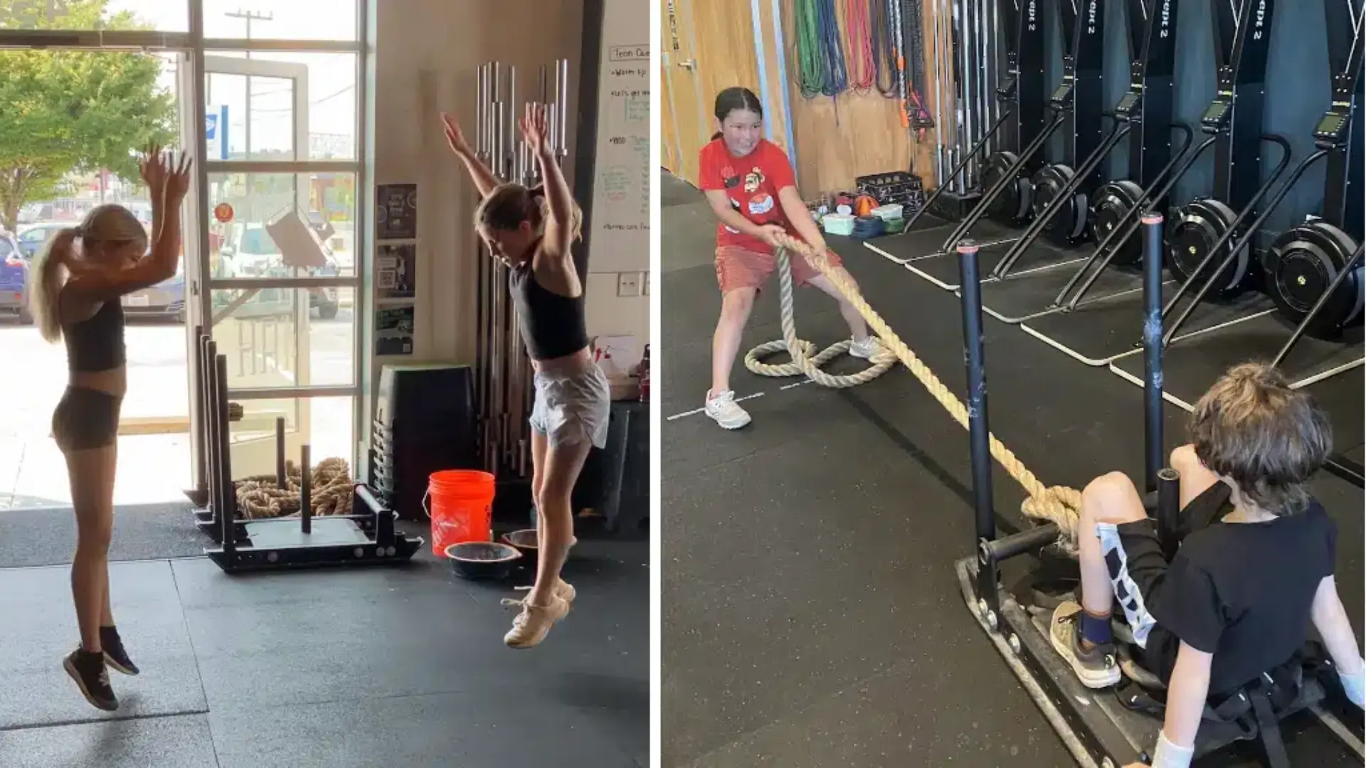 Teen athletes jumping and completing a sled pull at Polaris Strength & Conditioning